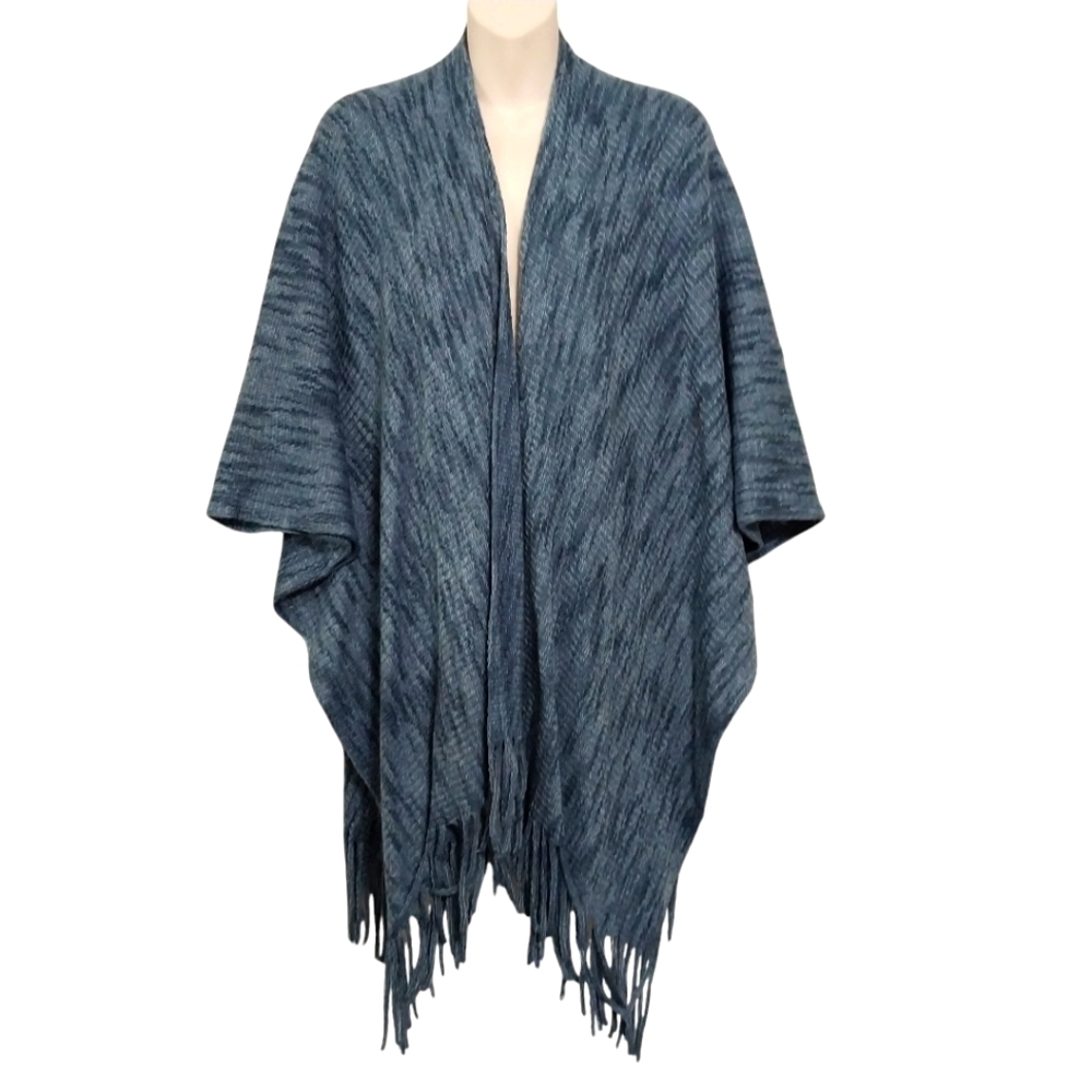 🔵BOGO FREE🔵 Candor Open Sides Poncho w Fringe Blue Gray